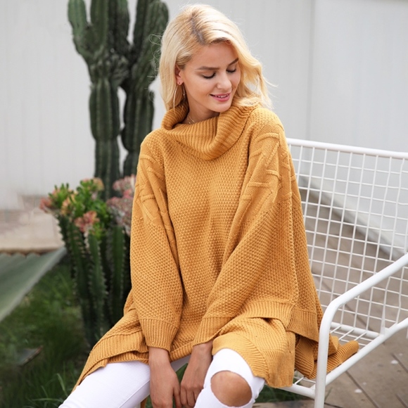 Camel Knit Cowl Neck Poncho One Size - Picture 3 of 8